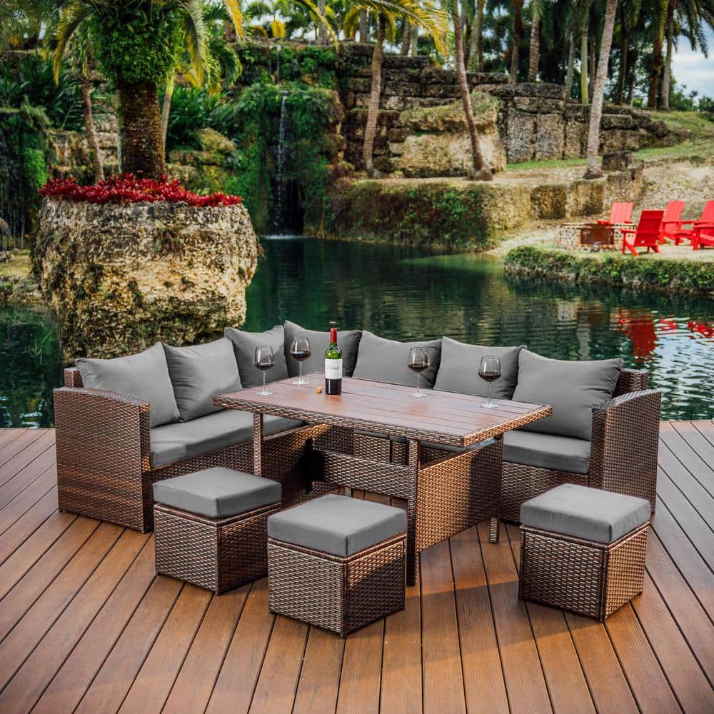 Timber Rattan Furniture Table Rattan Garden Furniture Grey Cushions And Ora Crew 5-Seater Timber