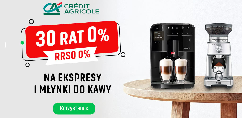 Oferta kredytu promocyjnego na ekspresu do kawy i młynki z logo Crédit Agricole